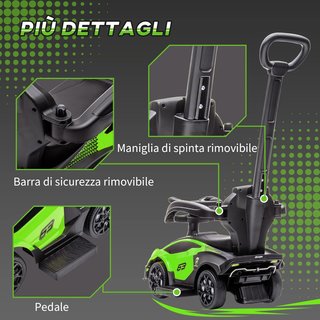 Lamborghini Cochecito para Niños 2 en 1 con Asa y Barrera de Seguridad, Volante y Claxon, Auto para Niños en PP y Metal, 86.5X40X89.5 Cm, Verde y Negro