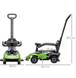 Lamborghini Cochecito para Niños 2 en 1 con Asa y Barrera de Seguridad, Volante y Claxon, Auto para Niños en PP y Metal, 86.5X40X89.5 Cm, Verde y Negro