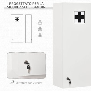 Armario de Medicamentos de Pared con Cerradura, 5 Estantes y Estantes Ajustables, de Madera y Vidrio, Blanco, 30X20X70Cm