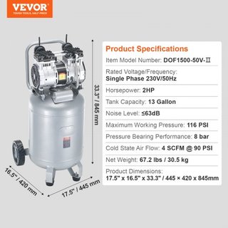 Compresor de Aire de 49.2 L 2HP 4 SCFM@90PSI Compresor de Aire Sin Aceite 116PSI