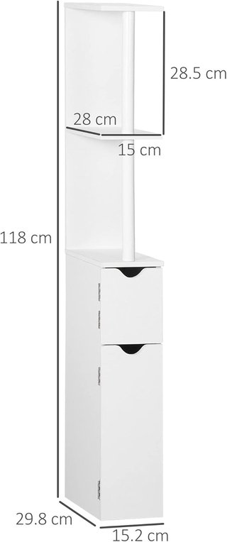 Mueble de Baño Ahorra Espacio en Columna Con 2 Estantes y 2 Armarios, Columna de Baño de Madera para Sala de Estar, 15.2X29.8X118 Cm, Blanco