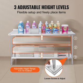 Mesa de Trabajo de Acero Inoxidable de 24 x 72 x 36 Pulgadas, Mesa de Preparación de Alimentos Comercial, Mesa de Trabajo Pesada, Mesa de Trabajo de Metal con Altura Ajustable para Restaurante, Ho...