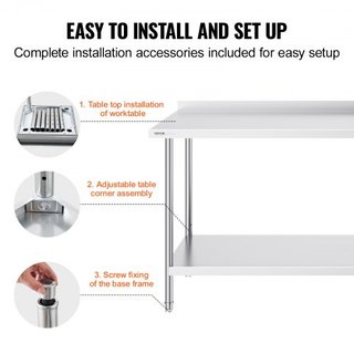 Mesa de Trabajo de Acero Inoxidable de 24 x 72 x 36 Pulgadas, Mesa de Preparación de Alimentos Comercial, Mesa de Trabajo Pesada, Mesa de Trabajo de Metal con Altura Ajustable para Restaurante, Ho...