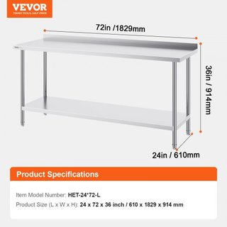 Mesa de Trabajo de Acero Inoxidable de 24 x 72 x 36 Pulgadas, Mesa de Preparación de Alimentos Comercial, Mesa de Trabajo Pesada, Mesa de Trabajo de Metal con Altura Ajustable para Restaurante, Ho...