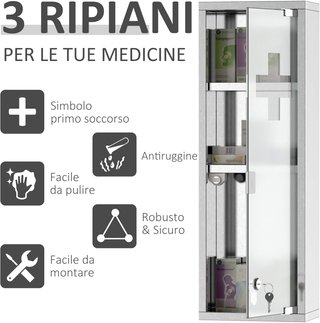 Armario de Medicamentos, Caja de Medicamentos de Acero con Puerta de Vidrio, 3 Estantes y 2 Llaves, 20X12X58Cm
