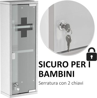 Armario de Medicamentos, Caja de Medicamentos de Acero con Puerta de Vidrio, 3 Estantes y 2 Llaves, 20X12X58Cm