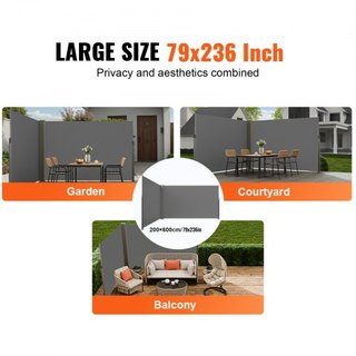 Toldo Lateral Retráctil, Pantalla de Privacidad Exterior de 79''x 236'', Pantalla de Patio Retráctil Impermeable de Poliéster de 180g, Pantalla de Viento Divisoria de Habitaciones UV 30+ para Pati...