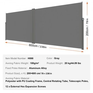 Toldo Lateral Retráctil, Pantalla de Privacidad Exterior de 79''x 236'', Pantalla de Patio Retráctil Impermeable de Poliéster de 180g, Pantalla de Viento Divisoria de Habitaciones UV 30+ para Pati...