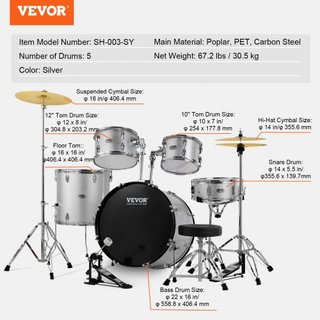Juego de Batería para Adultos, 5 Piezas, Kit de Batería Completo de 22 Pulgadas con Bombo, Toms, Caja, Batería de Piso, Silla Ajustable, Soportes, Platillo, Pedal de Hi-Hat y Palillos, Kit de Bate...