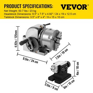 Cabezal de División de Precisión BS-0, Cabezal de División Horizontal con Chuck de 3 Garras, Tailstock MT2, Cabezal de División Semi Universal BS-0 de 12.7 cm para Máquina Fresadora Corte de Engra...