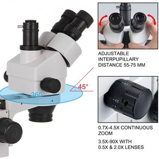 Microscopio Estéreo Trinocular 360° Giratorio 3.5X-90X con Soporte de Pilar