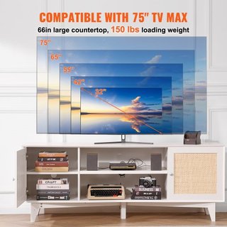 Soporte de TV de ratán de 191 cm, gabinete de TV boho, gabinete de TV blanco