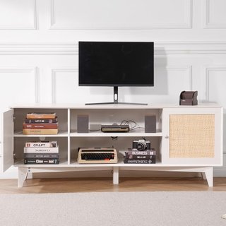 Soporte de TV de ratán de 191 cm, gabinete de TV boho, gabinete de TV blanco
