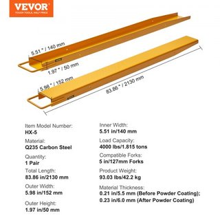 Extensiones de Horquillas de Palet, 84" de Longitud 5.5" de Ancho, Extensiones de Horquillas de Acero Carbono de Alta Resistencia para Montacargas, 1 Par de Extensiones para Montacargas, Accesorio...