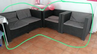 Conjunto asientos exterior ratán y tela