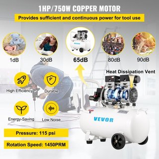 Compresor de Aire 41.6 L, Compresor de Aire Ultra Silencioso 1 HP, Compresor de Aire Sin Aceite Tanque de Acero 750W, Compresor de Aire Portátil 8 bar, Compresor Ultra Silencioso para Reparaciones...