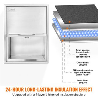 Cajón de Hielo Empotrado, 61 cm L x 46 cm W x 33 cm H Enfriador de Acero Inoxidable, Bin de Hielo Comercial con Tapa Deslizante, Bar de Hielo para Cocina Exterior de 38.7 L, Incluye Tubería de Dre...