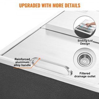 Cajón de Hielo Empotrado, 61 cm L x 46 cm W x 33 cm H Enfriador de Acero Inoxidable, Bin de Hielo Comercial con Tapa Deslizante, Bar de Hielo para Cocina Exterior de 38.7 L, Incluye Tubería de Dre...