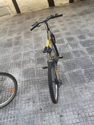 Bicicleta color caqui con asiento amarillo