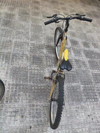 Bicicleta color caqui con asiento amarillo