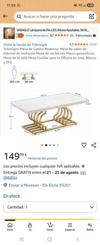 Mesa de centro moderna mármol y oro