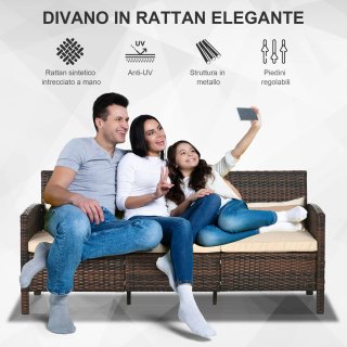 Divano 3 Posti da Esterno in Rattan PE con Cuscini