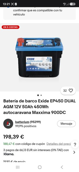 Batería Exide Dual AGM 12V 50Ah 450Wh
