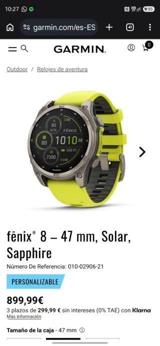 Garmin Fenix 8 Solar 47mm Plata y Amarillo Zafiro