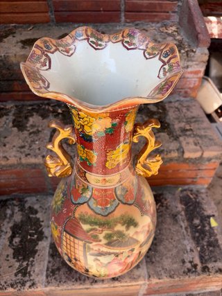 Jarrón Chino Cerámica Porcelana Dorado Rojo