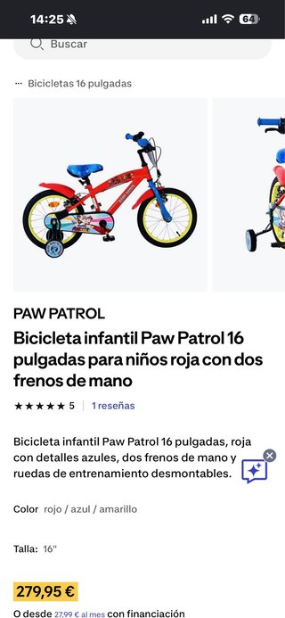 Bicicleta Patrulla Canina Infantil Roja