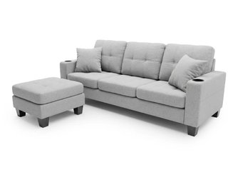 Sofá modular gris con puff y posavasos