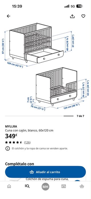 Cuna MYLLRA con cajón blanco 60x120 cm