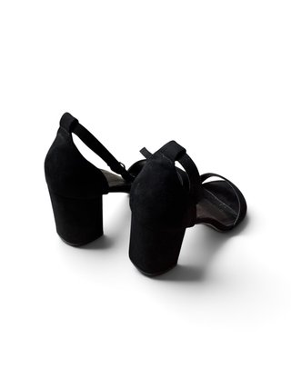 Black suede ankle strap high block heels