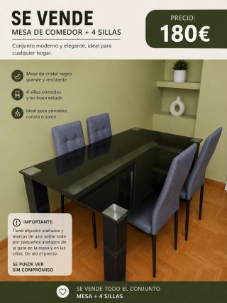 Mesa Comedor Cristal Negro + 4 Sillas
