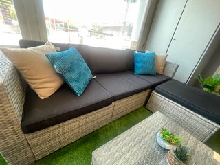 Conjunto Muebles Jardín Ratán Gris y Azul