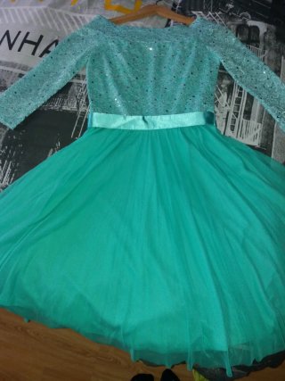 Vestido ceremonia encaje y tul verde azulado