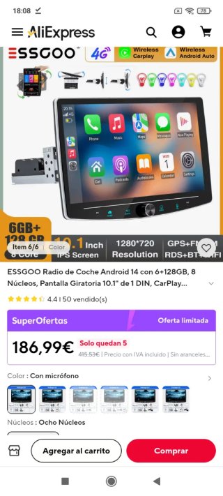 Radio Android 1DIN 10 pulgadas 6/128GB