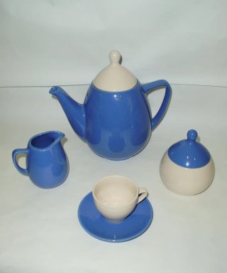 Juego de té de cerámica azul y beige de 15 piezas