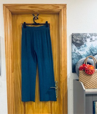Pantalones Anchos Punto Acanalado Azul Talla Única