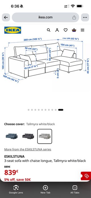 Sofá IKEA ESKILSTUNA 3 plazas chaise longue