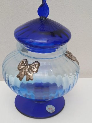 Portacaramelle in vetro blu con decori argento