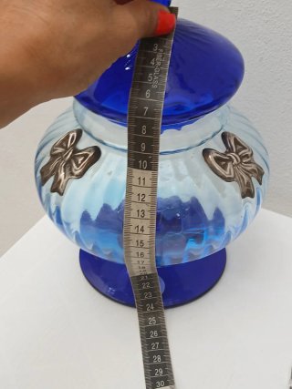 Portacaramelle in vetro blu con decori argento