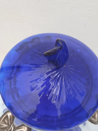 Portacaramelle in vetro blu con decori argento