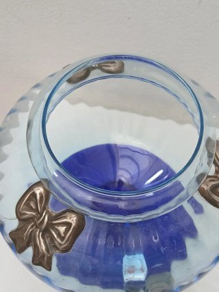 Portacaramelle in vetro blu con decori argento