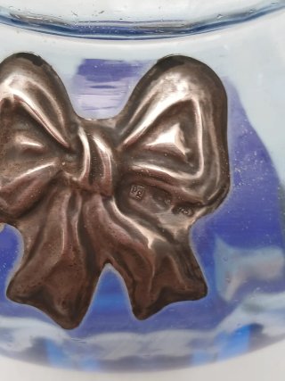Portacaramelle in vetro blu con decori argento