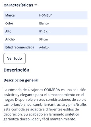 Cómoda 4 cajones madera y blanco