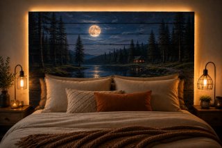 Cabecero de Madera con Paisaje Nocturno a medida