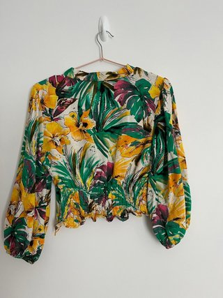 Miss Selens floral tropical bell sleeve crop top