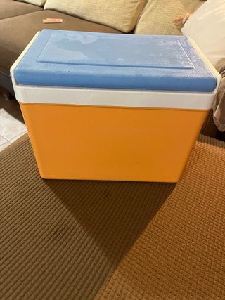 Mini nevera portátil naranja y azul