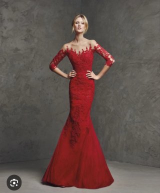 Vestido fiesta rojo cocktail largo encaje